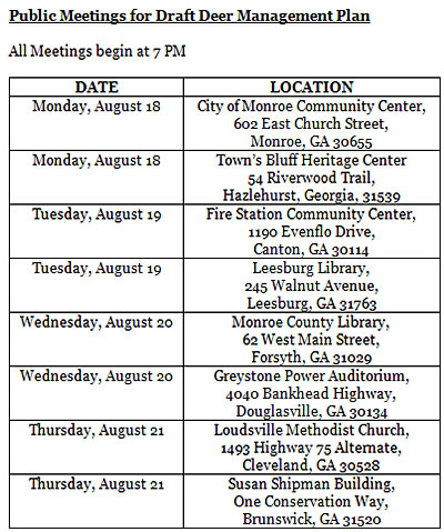 PUBLIC MEETINGS SCHEDULED RE: GEORGIA DEER MANAGEMENT PLAN