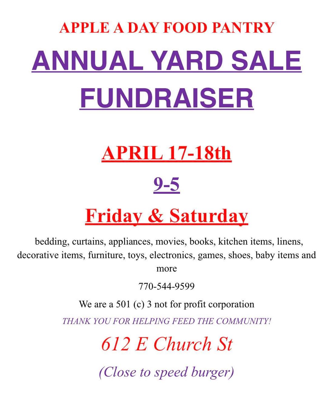 Apple A Day Food Pantry Yard Sale