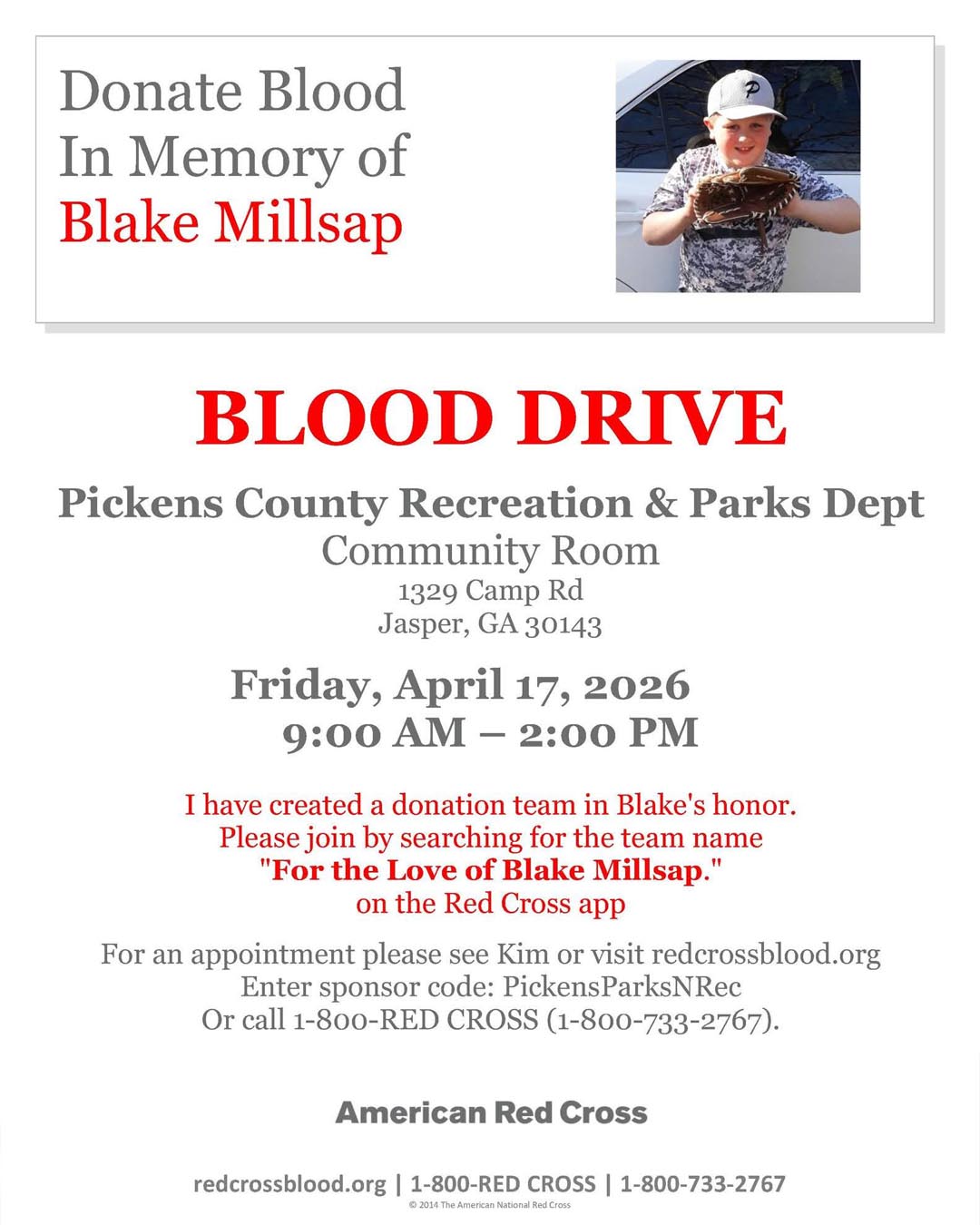 Donate Blood In Memory of Blake Millsap