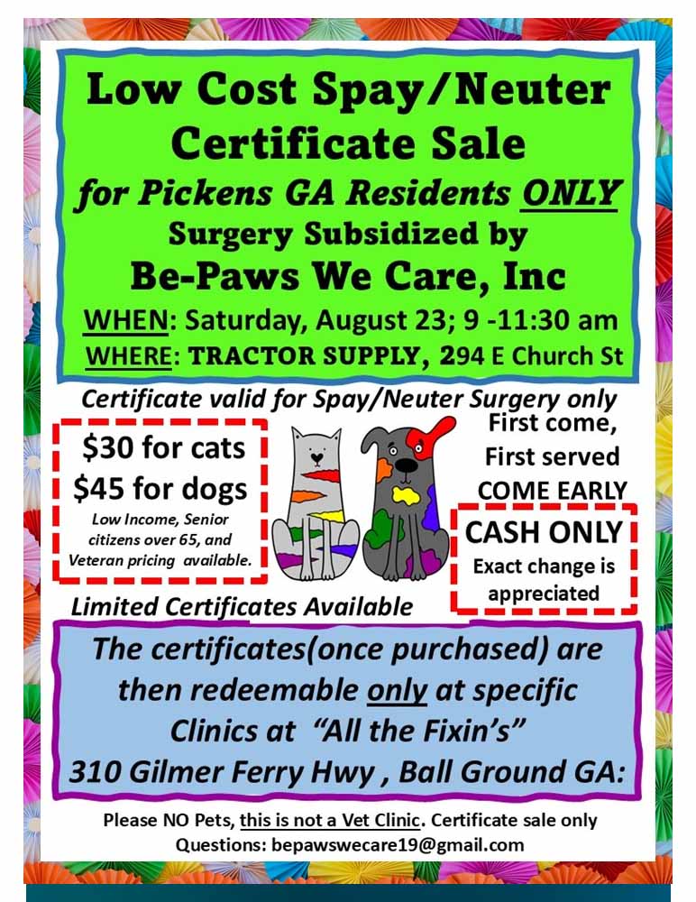 Low Cost Spay/Neuter Certificate Sale