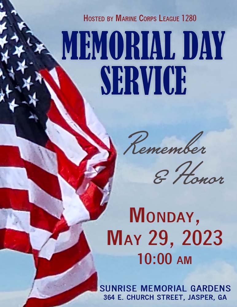 Memorial Day Service on May 29, 2023 1000 AM Pickens County