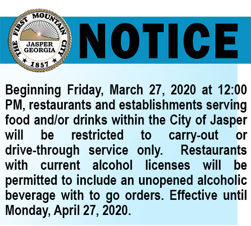 Dining In Not Allowed at City of Jasper Restaurants Beginning Friday, March 27th