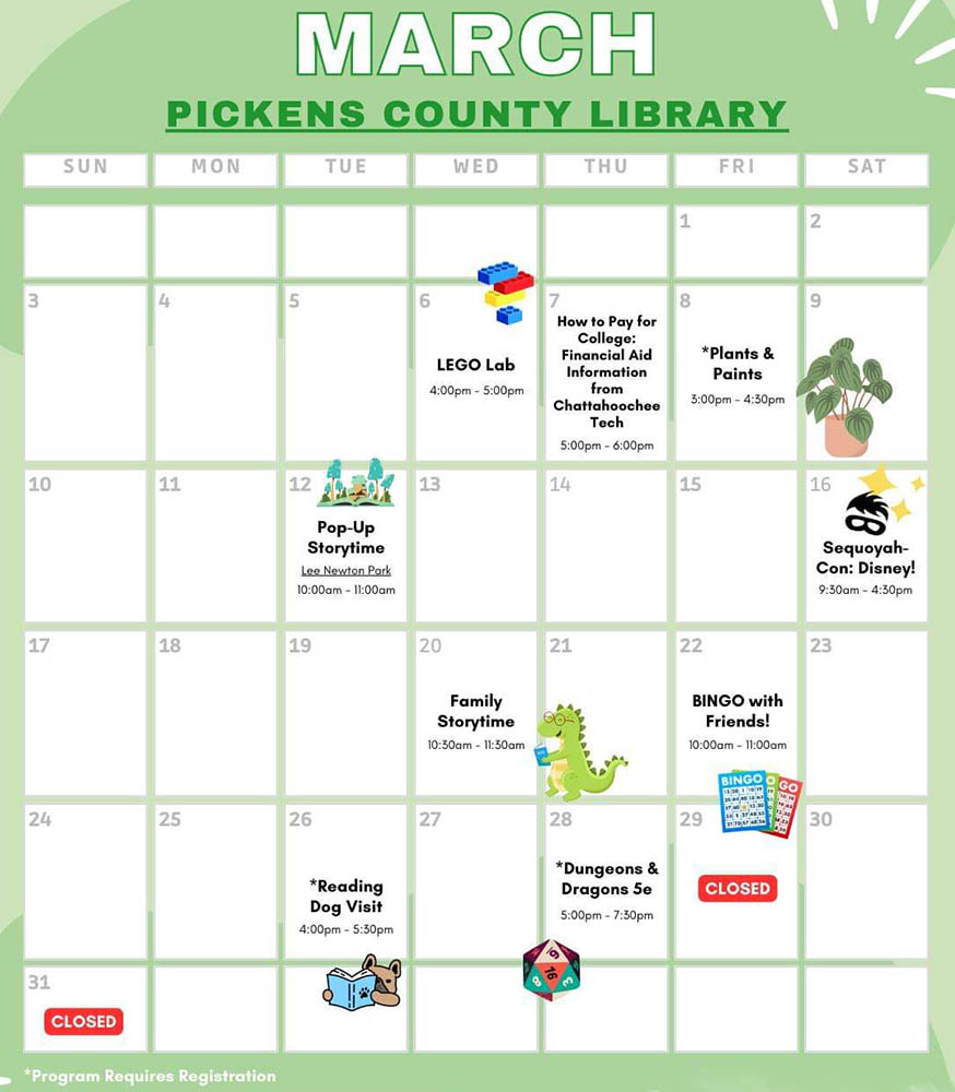 Happening in March at the Pickens Library 