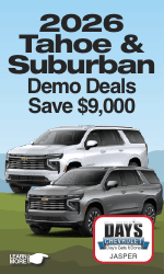 Save on 2026 Silverado 1500 Crew Cabs, Traverse, Tahoe and Suburban at Day's Chevrolet Jasper